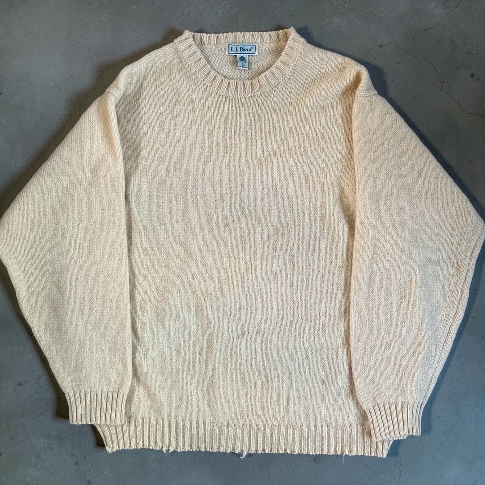 LL Bean Mens Large Wool Sweater Cream Ivory Crewneck Made in Ireland Heavy Knit